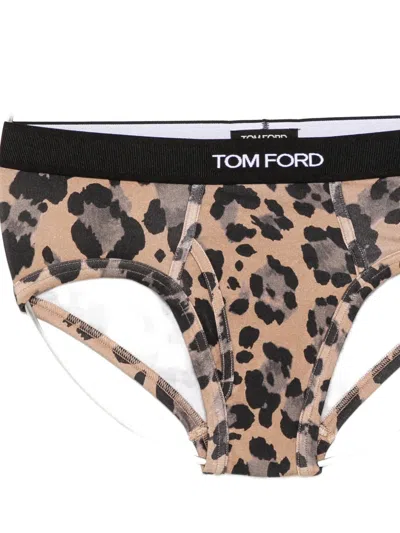 Tom Ford Leopard Print Logo Briefs In Neutral