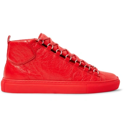 Shop Balenciaga Arena Creased-leather High-top Sneakers In Red