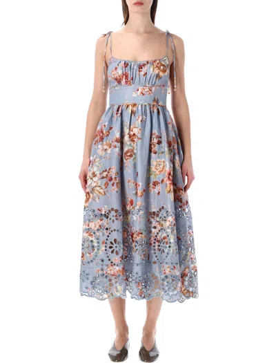 Zimmermann Awaken Floral-print Broderie Anglaise Linen Midi Dress In Blue