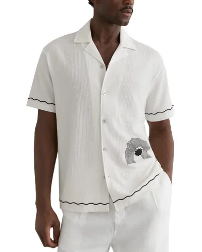 Reiss White Solano Textured Motif-print Cuban-collar Shirt In Neutral