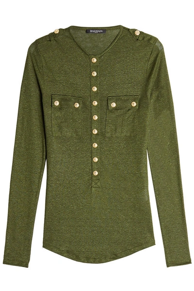 Balmain Linen Blend T-shirt With Embossed Buttons In Green