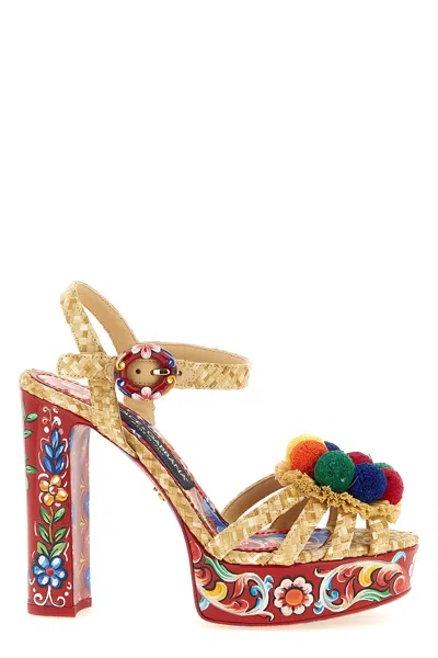 Dolce & Gabbana Keira Platform Heel Sandals Pompons Flowers In Multi