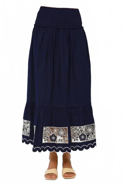 Love The Label Nolan Maxi Skirt In Navy Ivory Embroidery In Animal Print