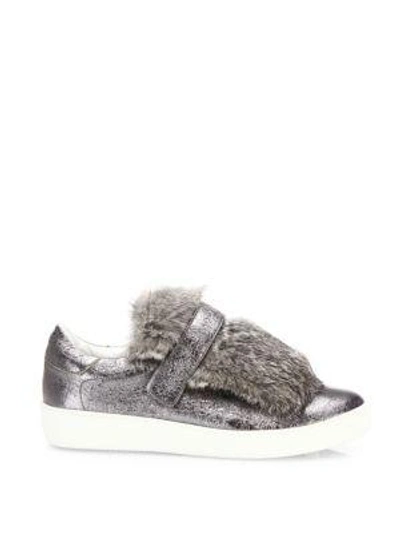 Shop Moncler Lucie Rabbit Fur & Metallic Leather Sneakers In Grey