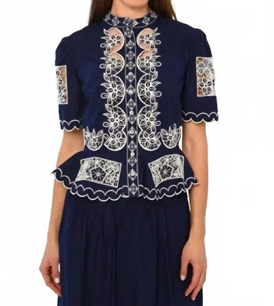 Love The Label Elizabeth Top In Navy Ivory Embroidery In Multi