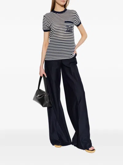 Max Mara Striped-pattern Embroidered-logo T-shirt In Blue