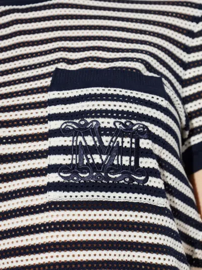 Max Mara Striped-pattern Embroidered-logo T-shirt In Blue