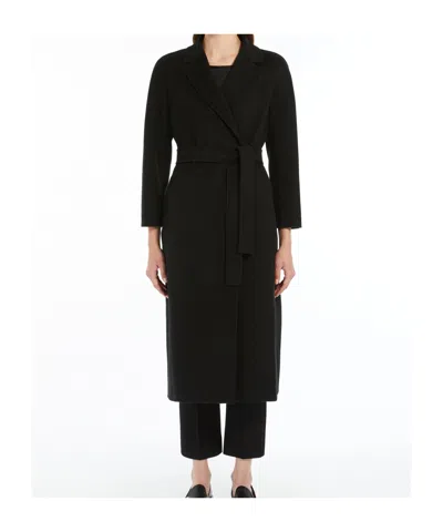 Max Mara Long Belted Jacket Lapel Collar Pockets In Black