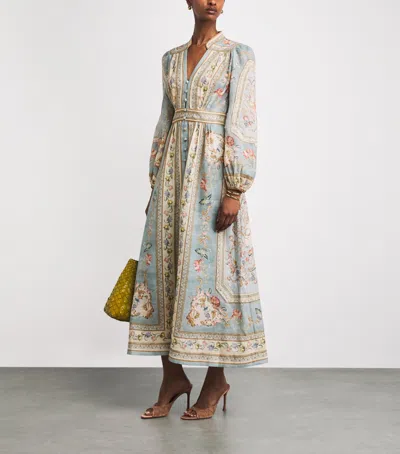 Zimmermann Womens Blue Tapestry Floral Roselight Plunge Linen Midi Dress Xs In Multi