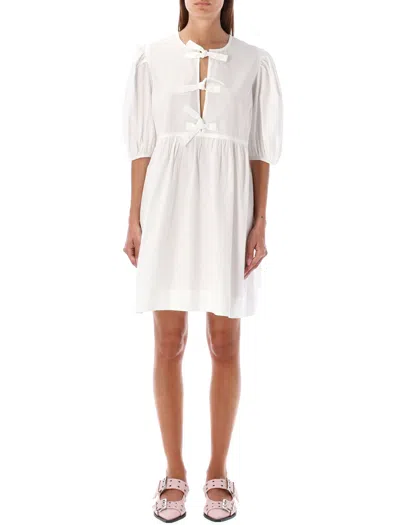 Ganni White Cotton Poplin Mini Dress With Bows In Neutral