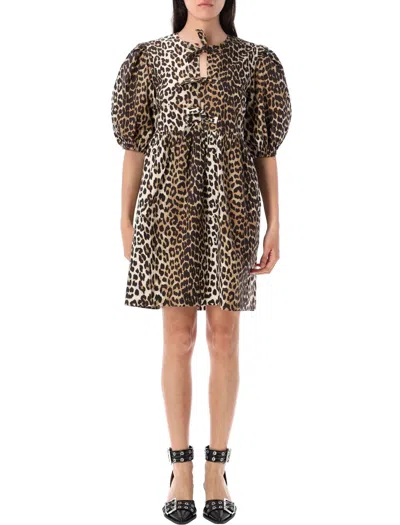 Ganni Brown Leopard Printed Cotton Tie String Minidress In Brown