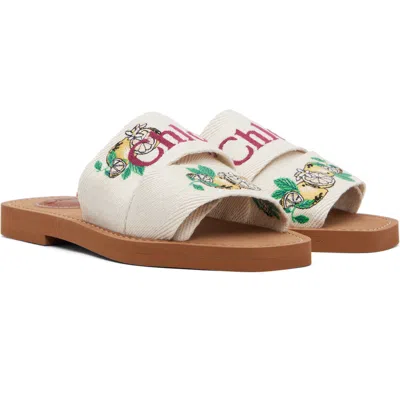 Chloé Mini Ribbons Embroidered Citrus Motif Sandals In White