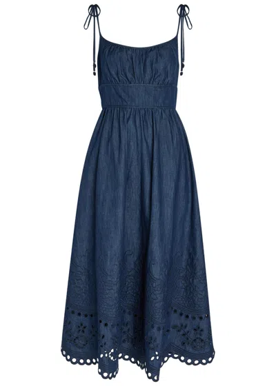 Zimmermann Mohan Broderie Anglaise Trim Denim Midi Dress In Blue