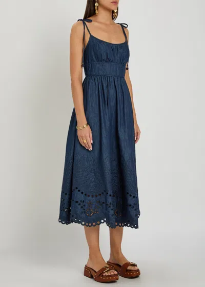Zimmermann Mohan Broderie Anglaise Trim Denim Midi Dress In Blue
