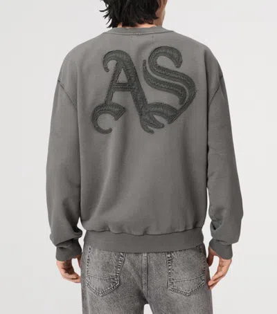 Allsaints Mens Washed Black Insignia Logo-embroidered Cotton Sweatshirt Xxl In Gray