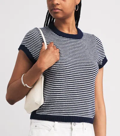 Me+em Merino Cashmere Silk Stripe Straight Baby Tee Navy-cream In Blue