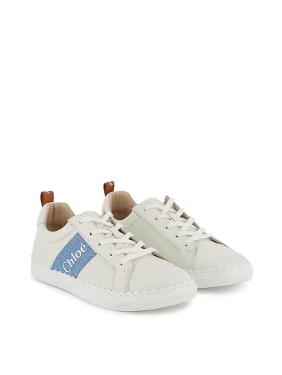 Chloé Kids Logo Scalloped Leather Sneakers In White