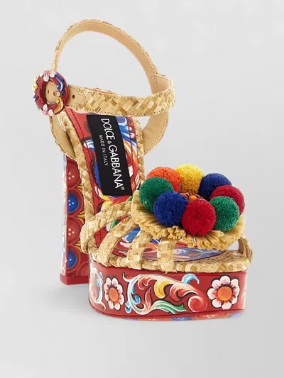 Dolce & Gabbana Keira Platform Heel Sandals Pompons Flowers In Multi