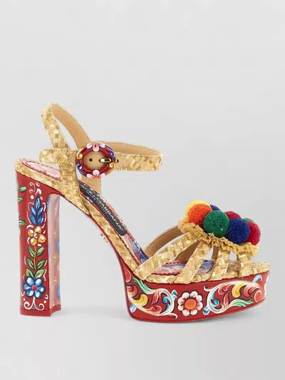 Dolce & Gabbana Keira Platform Heel Sandals Pompons Flowers In Multi