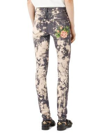 Shop Gucci Embroidered Stretch Denim Skinny Pants In Dark Grey