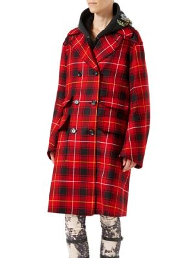 Shop Gucci Embroidered Wool Tartan Overcoat In Red-black