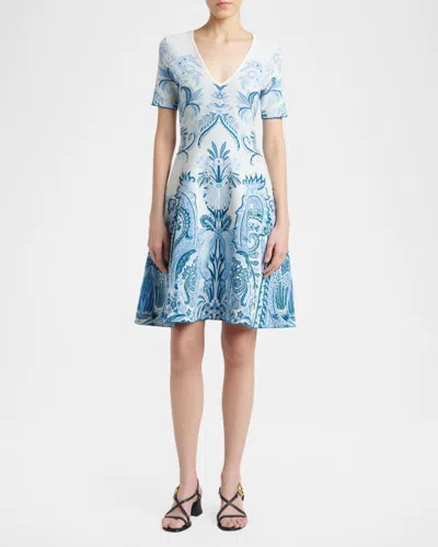 Etro Leafy Paisley Jacquard Short-sleeve A-line Dress In Blue