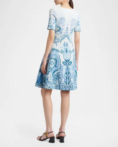 Etro Leafy Paisley Jacquard Short-sleeve A-line Dress In Blue