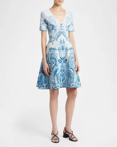 Etro Leafy Paisley Jacquard Short-sleeve A-line Dress In Blue