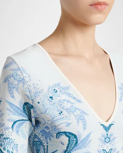 Etro Leafy Paisley Jacquard Short-sleeve A-line Dress In Blue