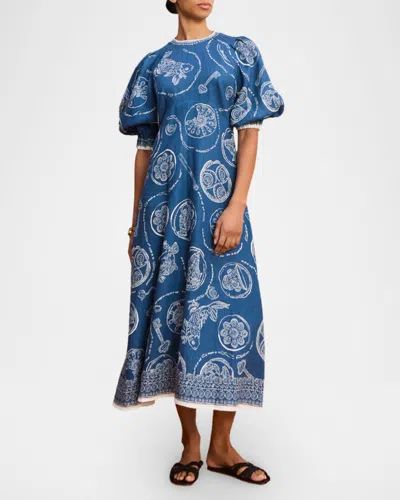 Alemais Lucky Graphic-print Puff-sleeve Midi Dress In Multi