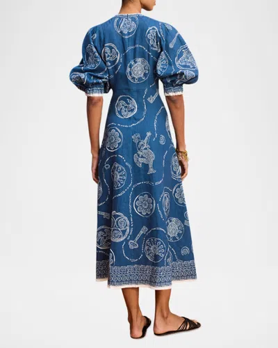 Alemais Lucky Graphic-print Puff-sleeve Midi Dress In Multi