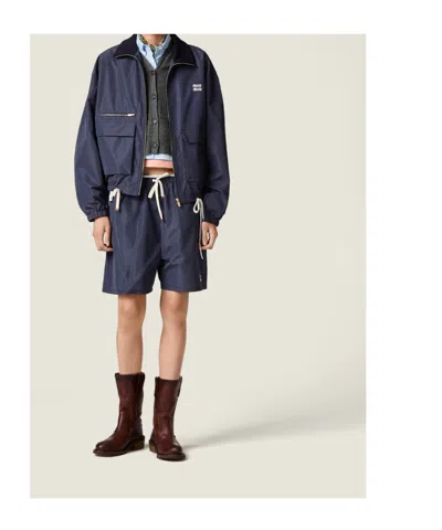 Miu Miu Technical Fabric Drawstring Shorts In Blue