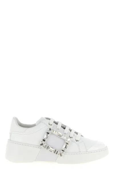 Roger Vivier Viv Skate Crystal-embellished Rubber-trimmed Leather Sneakers In White