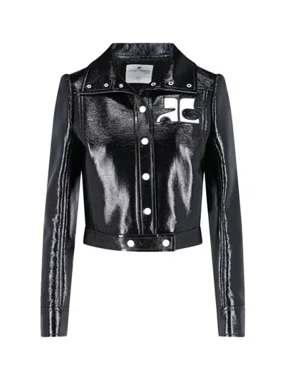 Courrèges Stretch Cotton Cropped Vinyl Jacket Reedition In Black