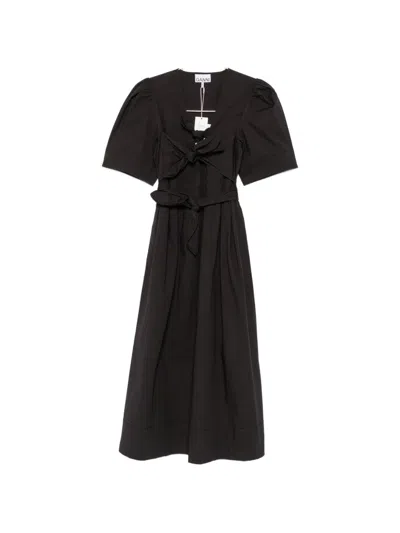 Ganni Belted Bow-embellished Stretch-cotton Poplin Midi Dress In Black