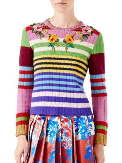 Shop Gucci Embroidered Multicolor Knit Top