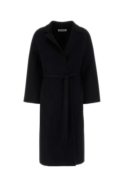 Jil Sander Wool Coat Belted Waist Long Wide Sleeves In Black