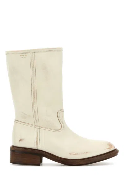 Prada Off White Leather Boots In Off White