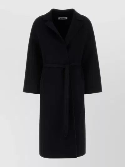 Jil Sander Wool Coat Belted Waist Long Wide Sleeves In Black
