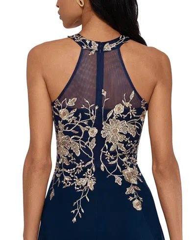 Betsy & Adam Petite Sleeveless Floral-applique Illusion Gown In Blue