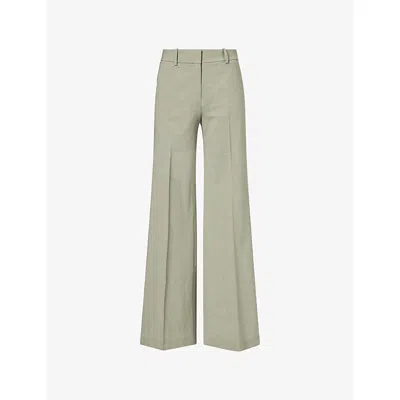 Theory Womens Vetiver Melange Fluid Flare Wide-leg Wool Trousers In Green