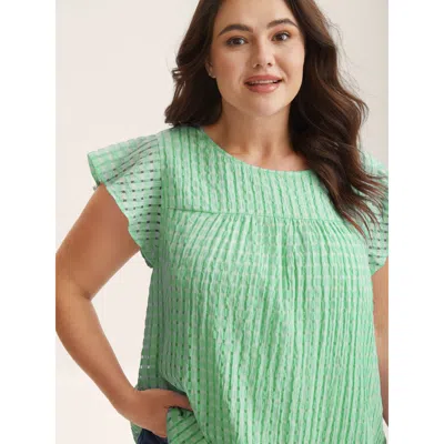 Bloomchic Textured Sheer Lined Flutter Sleeve Blouse In Green