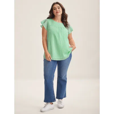 Bloomchic Textured Sheer Lined Flutter Sleeve Blouse In Green