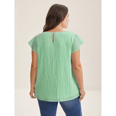 Bloomchic Textured Sheer Lined Flutter Sleeve Blouse In Green