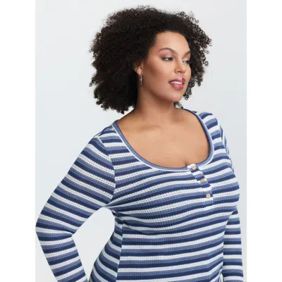Bloomchic Striped Button Placket Fitted T-shirt In Multi