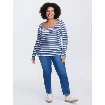Bloomchic Striped Button Placket Fitted T-shirt In Multi