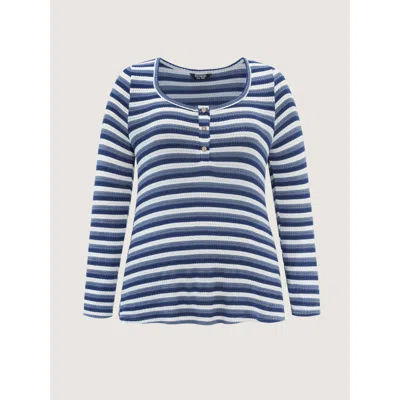 Bloomchic Striped Button Placket Fitted T-shirt In Multi
