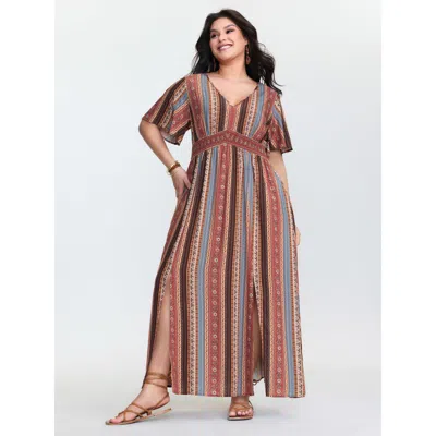 Bloomchic Boho Striped Print Cinched-waist Maxi Dress In Multi