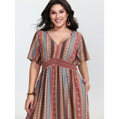 Bloomchic Boho Striped Print Cinched-waist Maxi Dress In Multi