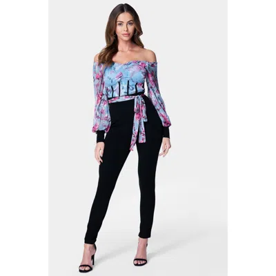 Bebe Printed Mesh Off Shoulder Catsuit In Blue